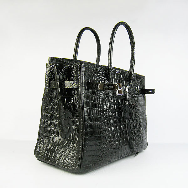 High Quality Fake Hermes Birkin 35CM Crocodile Head Veins Leather Bag Black 6089